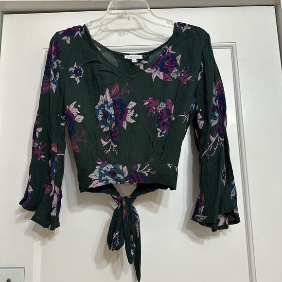 PATRONS OF PEACE Dark Green Blouse, Floral, Cropped, Tie-Back, Bell Sleeves, S - Picture 1 of 12